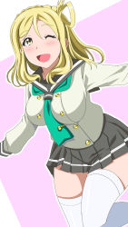 Rule 34 | 1girl, artist name, artist request, blonde hair, blush, bow, braid, breasts, brown eyes, crown braid, detached sleeves, doki2sdale, female focus, full body, green neckwear, grey skirt, hair rings, highres, long hair, long sleeves, looking at viewer, love live!, love live! sunshine!!, medium breasts, ohara mari, one eye closed, outstretched arms, pleated skirt, sailor collar, school uniform, shirt, short hair, skirt, smile, solo, standing, standing on one leg, thighhighs, uranohoshi school uniform, white shirt, white thighhighs, yellow eyes, zettai ryouiki
