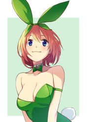 Rule 34 | 1girl, alternate costume, animal ears, armband, bare arms, bare shoulders, blue eyes, blush, bow, bowtie, breasts, cleavage, closed mouth, collarbone, commentary request, detached collar, fake animal ears, female focus, go-toubun no hanayome, green armband, green background, green bow, green bowtie, green leotard, green ribbon, hair between eyes, hair ribbon, leotard, looking at viewer, medium breasts, nakano yotsuba, neck, orange hair, playboy bunny, rabbit ears, rabbit tail, ribbon, saiste, short hair, simple background, smile, solo, strapless, strapless leotard, tail, upper body