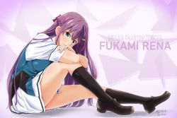 Rule 34 | 1girl, artist name, blue eyes, braid, brown footwear, character name, commentary request, copyright name, diesel-turbo, french braid, fukami rena, full body, grisaia (series), grisaia phantom trigger, hair ornament, hairclip, highres, kneehighs, legs, long hair, looking at viewer, purple background, purple hair, shoes, short sleeves, sitting, skirt, socks, solo, white skirt