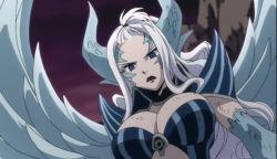 Rule 34 | 1girl, blue eyes, breasts, cleavage, crack, demon, demon girl, demon tail, dragon, fairy tail, female focus, highres, horns, large breasts, lips, lipstick, long hair, makeup, midriff, mirajane strauss, pointy ears, red lips, ribbon, scales, scarf, screencap, solo, stitched, tail, third-party edit, white hair, wings