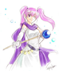 Rule 34 | 1girl, cleric, elbow gloves, fire emblem, fire emblem: the blazing blade, gloves, lowres, nintendo, one eye closed, pink hair, serra (fire emblem), smile, solo, staff, twintails, wink