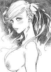 Rule 34 | 1girl, azukiko, bad id, bad pixiv id, blush, breasts, earrings, female focus, greyscale, jewelry, long hair, looking at viewer, monochrome, nipples, nude, persona, persona 5, persona 5 the royal, solo, takamaki anne, topless, twintails, upper body