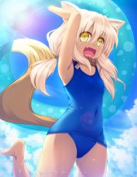 Rule 34 | 1girl, :d, animal ears, blonde hair, blue one-piece swimsuit, collar, fang, fox ears, fox tail, highres, holding, innertube, leg up, long hair, one-piece swimsuit, open mouth, original, school swimsuit, smile, solo, sorano (12gou), swim ring, swimsuit, tail, tan, twintails, wet, yellow eyes