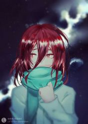 Rule 34 | alternate costume, androgynous, bad id, bad pixiv id, contemporary, gender request, hair between eyes, highres, houseki no kuni, night, night sky, red eyes, red hair, scarf, cinnabar (houseki no kuni), short hair, sky, solo, upper body, winter clothes