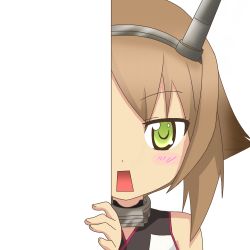 Rule 34 | 10s, 1girl, brown hair, green eyes, headgear, kantai collection, looking at viewer, mutsu (kancolle), nagineko, open mouth, peeking out, rectangular mouth, short hair, solo, square mouth, transparent background