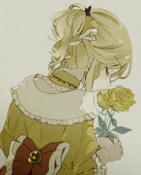 Rule 34 | 1girl, aku no musume (vocaloid), anniversary, blonde hair, bow, choker, closed eyes, colored eyelashes, crying, dress, dress bow, dress flower, earrings, evillious nendaiki, flower, frilled dress, frilled sleeves, frills, from behind, hair bow, hair ornament, hairclip, half-closed eyes, holding, holding flower, jewelry, kagamine rin, maca1227, orange bow, riliane lucifen d&#039;autriche, rose, sidelocks, smelling flower, smile, solo, tearing up, updo, vocaloid, wide sleeves, yellow bow, yellow dress, yellow flower, yellow rose