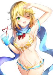 Rule 34 | 1girl, ;d, armpits, bikini, blonde hair, blue scarf, blush, cowboy shot, crazy straw, cup, drinking straw, flower, gabriel dropout, green eyes, groin, hair flower, hair ornament, hand up, heart straw, highres, holding, holding cup, navel, one eye closed, open mouth, scarf, see-through, shiero., shiny skin, short hair, side-tie bikini bottom, simple background, smile, solo, stomach, swimsuit, tapris chisaki sugarbell, white background, yellow bikini