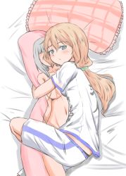 Rule 34 | 1girl, alternate costume, alternate hairstyle, black panties, blonde hair, blush, breasts, clothes writing, dakimakura (object), frilled pillow, frills, green eyes, hakusen-hiki, heidimarie w. schnaufer, heinrike prinzessin zu sayn-wittgenstein, hugging object, large breasts, long hair, looking at viewer, lying, noble witches, on side, panties, pillow, pillow hug, ponytail, shirt, short sleeves, shorts, solo, strike witches, underwear, white shirt, world witches series