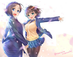 Rule 34 | 2girls, ai-chan (tawawa), arms at sides, ass, blue eyes, blush, braid, breasts, brown hair, commentary request, dress shirt, getsuyoubi no tawawa, green eyes, hair ornament, hairclip, kouhai-chan (tawawa), large breasts, looking at viewer, miniskirt, mole, mole under eye, multiple girls, nanase meruchi, open mouth, outstretched arms, pantyhose, pantylines, petals, school uniform, shirt, short hair, side braid, skirt, smile, sweater vest, twitter username, v-neck, yellow sweater vest