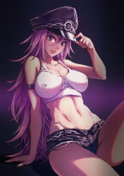 Rule 34 | 1girl, absurdres, arm strap, arm support, breasts, chain, collarbone, cutoffs, covered erect nipples, final fight, fish.boy, hair between eyes, hand on headwear, hat, highres, large breasts, leaning back, long hair, looking at viewer, navel, peaked cap, poison (final fight), purple eyes, purple hair, sitting, solo, street fighter, street fighter v, tank top