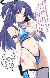 Rule 34 | 1girl, adapted costume, alternate costume, arm strap, bare shoulders, bikini, black gloves, blue archive, blue hair, blush, breasts, closed mouth, cowboy shot, detached collar, doodle sensei (blue archive), gloves, hairband, halo, highleg, highleg bikini, highres, looking at viewer, medium breasts, midriff, millennium cheerleader outfit (blue archive), navel, necktie, purple eyes, purple hair, run p (aveton), sensei (blue archive), simple background, standing, star tattoo, stomach, sweat, swimsuit, tattoo, thighhighs, translation request, twintails, two side up, white background, yuuka (blue archive)