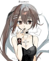 Rule 34 | 1984 (artist), 1girl, black choker, black dress, breasts, brown eyes, brown hair, choker, cigarette, cleavage, cross, cross-laced clothes, cross necklace, dated, dress, hair between eyes, hair ornament, hairclip, highres, jewelry, long hair, looking at viewer, medium breasts, minakami yuki, necklace, side ponytail, simple background, smoking, solo, subarashiki hibi, twitter username, upper body, white background