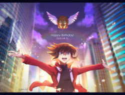 Rule 34 | 1boy, 2020, black shirt, blurry, blurry background, brown hair, dated, duel academy uniform (yu-gi-oh! gx), floating hair, happy birthday, jacket, long sleeves, male focus, medium hair, multicolored hair, open clothes, open jacket, outdoors, outstretched arms, red jacket, shirt, solo, twitter username, two-tone hair, upper body, winged kuriboh, yu-gi-oh!, yu-gi-oh! gx, yun yu, yuki judai