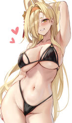 Rule 34 | 1girl, animal ears, arm behind head, armpits, bare shoulders, bikini, black bikini, blonde hair, blue archive, blush, breasts, collarbone, commentary, fingernails, hair over one eye, hairband, halo, heart, highleg, highleg bikini, highleg swimsuit, highres, kaho (blue archive), large breasts, long hair, looking at viewer, mole, mole under mouth, navel, orange hairband, red nails, simple background, skindentation, smile, solo, standing, stomach, stone (ksorede), string bikini, swimsuit, thighs, very long hair, white background, yellow eyes, yellow halo
