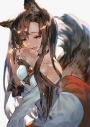 Rule 34 | 1girl, :d, animal ears, bare shoulders, black choker, blush, breasts, brooch, brown eyes, brown hair, choker, commentary request, cowboy shot, dress, fang, grey background, hand up, highres, imaizumi kagerou, jewelry, long hair, long sleeves, looking at viewer, medium breasts, off-shoulder dress, off shoulder, open mouth, sidelocks, simple background, skin fang, smile, solo, tail, touhou, u u zan, white dress, wolf ears, wolf tail