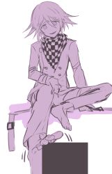 1boy arm_belt barefoot belt belt_buckle buckle buttons chain checkered_clothes checkered_scarf commentary_request danganronpa_(series) danganronpa_v3:_killing_harmony double-breasted downturned_eyes feet foot_focus foot_up full_body hair_between_eyes harunotano highres jacket long_sleeves looking_at_foot male_focus monochrome motion_lines multiple_belts oma_kokichi open_belt open_mouth pants purple_theme scarf shadow short_hair simple_background sitting smile soles solo teeth thigh_belt thigh_strap toenails toes upper_teeth_only white_background