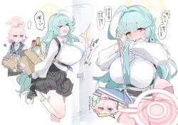 Rule 34 | &gt; &lt;, 2girls, ahoge, black skirt, black vest, blue archive, blue eyes, blue necktie, blush, breasts, collared shirt, green hair, halo, heterochromia, highres, hoshino (blue archive), hoshino (young) (blue archive), huge ahoge, huge breasts, long hair, long sleeves, multiple girls, necktie, open mouth, pink hair, pink halo, pleated skirt, shirt, short hair, skirt, speech bubble, tears, translation request, urosu (678 ner), vest, white shirt, yellow eyes, yellow halo, yume (blue archive)