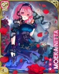 Rule 34 | 1girl, black bow, bow, breasts, card, character name, cleavage, day, dress, evil smile, flower, garden, girlfriend (kari), gothic lolita, green dress, lolita fashion, looking at viewer, nitta moeka, official art, open mouth, petals, pink hair, purple eyes, qp:flapper, red flower, red rose, rose, rose petals, short hair, smile, tagme