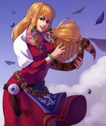 Rule 34 | 1girl, absurdres, animal, bird, blonde hair, blue eyes, blue sky, bracelet, braid, dress, feathers, highres, instrument, jewelry, looking at viewer, lyre, music, nayuun, nintendo, playing instrument, pointy ears, princess zelda, sky, smile, solo, the legend of zelda, the legend of zelda: skyward sword