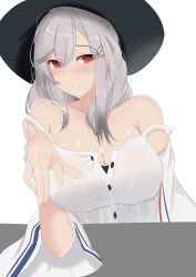 Rule 34 | 1girl, absurdres, azur lane, blush, breasts, butterfly hair ornament, cleavage, collarbone, commentary request, dunkerque (afternoon venus) (azur lane), dunkerque (afternoon venus) (azur lane), dunkerque (azur lane), grey hair, hair between eyes, hair ornament, hat, head tilt, highres, jewelry, large breasts, long hair, long sleeves, looking at viewer, multicolored hair, parted lips, red eyes, ring, sidelocks, simple background, solo, strap slip, sun hat, swept bangs, tastysalt, two-tone hair, wedding band, white background, wide sleeves