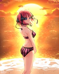 Rule 34 | 1girl, absurdres, ass, back, backlighting, beach, bikini, black ribbon, blue eyes, blunt bangs, breasts, butterfly hair ornament, floral print, go-toubun no hanayome, hair ornament, highres, nakano nino, ninochuu, ocean, parted lips, pink bikini, pink hair, ribbon, striped, sunset, swimsuit, thick thighs, thighs, twintails, v arms, vertical stripes
