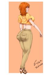 Rule 34 | 1girl, absurdres, artist name, ass, ass focus, blush, breasts, esan, esan (llamaesan), from side, highres, huge ass, large breasts, long hair, nami (one piece), one piece, orange eyes, orange hair, pants, sandals, shirt, sideboob, signature, smile, solo, tight clothes, tight pants