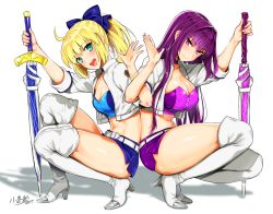 Rule 34 | 2girls, :d, adapted object, ahoge, artoria pendragon (all), artoria pendragon (fate), beach umbrella, belt, belt buckle, blonde hair, blue bow, blue skirt, blush, boots, bow, breasts, buckle, choker, cleavage, closed mouth, closed umbrella, collarbone, commentary request, cropped jacket, dated, fate/grand order, fate/stay night, fate (series), from side, full body, green eyes, hair bow, hair intakes, high heel boots, high heels, holding, jacket, kojima saya, large breasts, locked arms, long hair, looking at viewer, miniskirt, multiple girls, navel, official alternate costume, official alternate hairstyle, open mouth, ponytail, purple eyes, purple hair, purple skirt, race queen, round teeth, saber (fate), saber (type-moon racing) (fate), scathach (fate), shiny skin, short sleeves, signature, skirt, small breasts, smile, squatting, stomach, strapless, teeth, thigh boots, thighhighs, thighs, tube top, umbrella, waving, white footwear, white jacket, white legwear