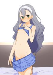 Rule 34 | 1girl, :o, absurdres, blue skirt, blush, breasts, cleft of venus, clothes pull, female focus, green eyes, grey hair, groin, hair ornament, hairband, highres, karin (rune factory), kneeling, long hair, looking at viewer, luke (b10a3123m), navel, nipples, on bed, open mouth, petite, pulling own clothes, pussy, rune factory, rune factory 3, skirt, skirt pull, small breasts, solo, sweat, torso flash, undressing, wavy hair, white hairband