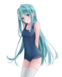Rule 34 | 1girl, bad id, bad pixiv id, green eyes, green hair, long hair, matching hair/eyes, one-piece swimsuit, original, school swimsuit, solo, swimsuit, thighhighs, yuina (artist)