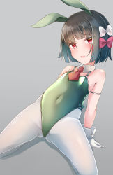Rule 34 | 1girl, animal ears, arm support, bare shoulders, black hair, blush, bow, comah, commentary request, covered navel, fake animal ears, gloves, gluteal fold, green leotard, grey background, hair bow, highleg, highleg leotard, highres, ishigaki (kancolle), kantai collection, kemonomimi mode, leaning back, leotard, looking at viewer, open mouth, pantyhose, playboy bunny, rabbit ears, red bow, red eyes, round teeth, short hair, simple background, skindentation, solo, teeth, upper teeth only, white bow, white gloves, white pantyhose
