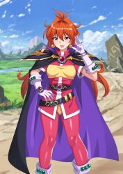 Rule 34 | absurdres, armor, black headband, boots, cape, circlet, earrings, gloves, headband, highres, hraf8mvqvxzvago, jewelry, lina inverse, long hair, looking at viewer, open mouth, orange hair, pants, red eyes, red hair, red pants, shoulder armor, slayers
