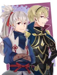 Rule 34 | 2boys, armor, armored boots, blonde hair, boots, cape, chlxms, crossed arms, fire emblem, fire emblem fates, gloves, grey hair, leo (fire emblem), long hair, male focus, multiple boys, nintendo, ponytail, red eyes, simple background, takumi (fire emblem), white background