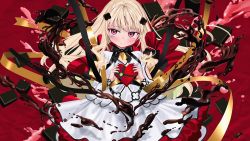 Rule 34 | 1girl, bad id, bad twitter id, blonde hair, blush, box, chocolate, closed mouth, dress, heart-shaped box, long hair, looking at viewer, luicent, neck ribbon, original, pink eyes, ribbon, solo, valentine, virtual youtuber, white dress