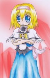 Rule 34 | 1girl, alice margatroid, bad anatomy, blonde hair, blue eyes, character doll, clothes, doll, female focus, gradient background, hiiro sana, kirisame marisa, lowres, poorly drawn, solo, tears, touhou