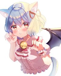 Rule 34 | 1girl, :o, absurdres, animal ears, ascot, bad id, bad pixiv id, bat wings, bell, blue hair, blush, cat ears, cat tail, collared shirt, cropped torso, fang, fingernails, frilled shirt collar, frills, hair between eyes, hair ribbon, hayura soyo, highres, kemonomimi mode, looking at viewer, nail polish, neck bell, no headwear, open mouth, paw pose, pink shirt, puffy short sleeves, puffy sleeves, red ascot, red eyes, red nails, red ribbon, remilia scarlet, ribbon, sharp fingernails, shirt, short hair, short sleeves, simple background, skin fang, solo, tail, touhou, upper body, v-shaped eyebrows, white background, wings, wrist cuffs