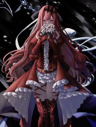 Rule 34 | 1girl, absurdres, baobhan sith (fate), baobhan sith (first ascension) (fate), black background, boots, breasts, detached sleeves, dress, fate/grand order, fate (series), flower, frilled dress, frills, gradient background, grey eyes, hair ornament, hands up, highres, holding, holding flower, long hair, long sleeves, looking down, medium breasts, pink hair, red dress, red footwear, sidelocks, small breasts, solo, thigh boots, white flower, yagi (yagi5art)