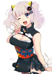 Rule 34 | 1girl, blue eyes, blue ribbon, blunt bangs, breasts, cleavage cutout, clothing cutout, dress, fang, hair ornament, hairclip, highres, kaguya luna, kazuki kan, large breasts, looking at viewer, multicolored eyes, one eye closed, open mouth, ribbon, sidelocks, signature, silver hair, simple background, sleeveless, sleeveless dress, the moon studio, thighhighs, v, virtual youtuber, white background, white ribbon, wrist ribbon, zettai ryouiki