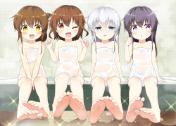 Rule 34 | 10s, 4girls, akatsuki (kancolle), aqua eyes, bad id, bad pixiv id, barefoot, bathroom, bell (oppore coppore), blush, brown eyes, brown hair, collarbone, fang, feet, feet together, folded ponytail, foreshortening, hibiki (kancolle), ikazuchi (kancolle), inazuma (kancolle), kantai collection, looking at viewer, multiple girls, naked towel, one eye closed, open mouth, purple eyes, purple hair, see-through, shaded face, silver hair, sitting, smile, soles, sparkle, steam, toes, towel, v arms, white towel, yellow eyes
