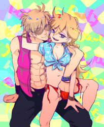 Rule 34 | 10s, abs, blonde hair, blue eyes, bracelet, breasts, cleavage, dual persona, fingering, gender request, genderswap, image sample, jewelry, long hair, navel, no pants, open clothes, open mouth, open shirt, panties, panty &amp; stocking with garterbelt, panty (psg), pixiv sample, resized, shirt, short hair, sitting, sitting on lap, sitting on person, smile, sunglasses, tied shirt, underwear, wink, zkakq