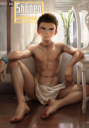 Rule 34 | 1boy, abs, absurdres, bandage on face, bandages, barefoot, beitemian, black hair, blue eyes, day, feet, full body, highres, indoors, jewelry, long hair, male focus, necklace, nipples, original, realistic, sitting, solo, spread legs, sweatdrop, toes, wristband