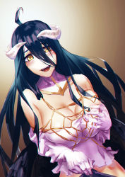 Rule 34 | 1girl, albedo (overlord), bare shoulders, black hair, black wings, blush, breasts, cleavage, demon girl, fangs, female focus, gradient background, highres, horns, large breasts, liyou-ryon, long hair, looking at viewer, open mouth, overlord (maruyama), smile, solo, wings, yellow eyes