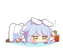 Rule 34 | 0725akaba, 1girl, animal ears, bendy straw, blue hair, blush, bow, braid, brown pantyhose, carrot hair ornament, colored shadow, cup, detached sleeves, dress, drink, drinking glass, drinking straw, food-themed hair ornament, fur-trimmed dress, fur trim, hair bow, hair ornament, highres, hololive, long hair, lying, multicolored hair, no shoes, on stomach, pantyhose, puffy short sleeves, puffy sleeves, rabbit ears, rabbit girl, rabbit tail, shadow, short eyebrows, short sleeves, simple background, solo, sweat, tail, thick eyebrows, translation request, twin braids, twintails, two-tone hair, usada pekora, usada pekora (1st costume), very long hair, virtual youtuber, white background, white bow, white dress, white hair, white sleeves, yellow eyes