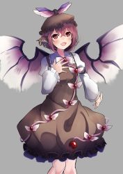 Rule 34 | 1girl, animal ears, bird ears, bird wings, blush, brown dress, brown hat, dress, earrings, feet out of frame, frilled dress, frilled sleeves, frills, grey background, hair between eyes, hat, highres, jewelry, long sleeves, mystia lorelei, open mouth, pink eyes, pink hair, short hair, simple background, single earring, smile, solo, touhou, tsushi, white wings, winged hat, wings