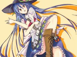 Rule 34 | 1girl, blue hair, boots, brown eyes, cross-laced footwear, dress, female focus, food, fruit, gaku, hat, hinanawi tenshi, lace-up boots, long hair, peach, solo, touhou, very long hair