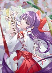 Rule 34 | 1girl, blurry, blurry background, bow, branch, cherry blossoms, corrupted twitter file, falling petals, floating hair, guumin, hair bow, hair tubes, hakama, hakama skirt, hakurei reimu, hakurei reimu (pc-98), half updo, hands up, highres, hip vent, holding, holding branch, japanese clothes, large bow, long hair, looking at viewer, miko, open mouth, petals, purple eyes, purple hair, red bow, red hakama, red ribbon, ribbon, ribbon-trimmed sleeves, ribbon trim, sidelocks, skirt, solo, touhou, touhou (pc-98), upper body, very long hair, wind