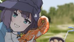 1girl blue_archive blue_eyes blue_jacket blunt_bangs blurry bucket_hat clich51368861 commentary_request depth_of_field food grey_hat grin hand_up hat holding holding_food jacket machsakai multicolored_jacket outdoors parody photo-referenced portrait purple_hair saki_(blue_archive) saki_(swimsuit)_(blue_archive) short_hair shrimp smile solo white_jacket youtube