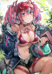 Rule 34 | 1girl, absurdres, azur lane, belt, bikini, bikini under clothes, black collar, black shorts, blue jacket, blush, breasts, bremerton (azur lane), cleavage, collar, collarbone, commentary, cowboy shot, cup, disposable cup, drinking straw, eyewear on head, grey belt, grey hair, hair between eyes, hair intakes, hair ornament, highleg, highleg bikini, highres, holding, holding cup, hood, hood down, hooded jacket, jacket, jumbowhopper, large breasts, lifebuoy ornament, long hair, long sleeves, looking at viewer, midriff, mole, mole under eye, multicolored hair, nail polish, navel, no shirt, off shoulder, open clothes, open jacket, pink bikini, pink eyes, pink hair, red-tinted eyewear, short shorts, shorts, sidelocks, sitting, smile, solo, streaked hair, sunglasses, swimsuit, thigh strap, tinted eyewear, twintails, two-tone hair