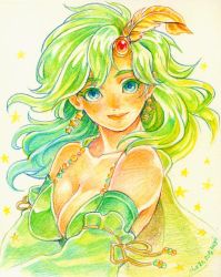 Rule 34 | 1girl, breasts, cape, cleavage, closed mouth, detached sleeves, earrings, final fantasy, final fantasy iv, green eyes, green hair, hair ornament, jewelry, large breasts, long hair, looking at viewer, aged up, payu (pyms11), rydia (ff4), simple background, solo