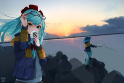 Rule 34 | 2girls, alternate costume, aqua hair, bad id, bad pixiv id, blue hair, bow, cloud, commentary request, contemporary, covered mouth, eating, eyewear lift, eyewear on head, fishing, fishing rod, food, from behind, gotou (nekocat), gradient sky, green eyes, green hat, grey-framed eyewear, hair bobbles, hair bow, hair ornament, hand up, hat, highres, holding, holding fishing rod, holding food, horizon, jacket, kagiyama hina, kawashiro nitori, long hair, looking at viewer, multiple girls, onigiri, open clothes, open jacket, outdoors, pocket, red bow, rock, scenery, sky, standing, sun, sunrise, touhou, uneven eyes, upper body, water