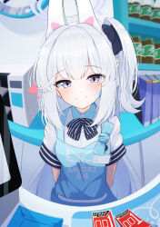 Rule 34 | 1girl, angel&#039;s 24 uniform (blue archive), animal ears, apron, arms behind back, black bow, black bowtie, blue apron, blue archive, blush, bow, bowtie, convenience store, fake animal ears, grey hair, halo, heart, highres, looking at viewer, mikishiro, miyako (blue archive), official alternate costume, okamoto condoms, one side up, purple eyes, rabbit ears, shirt, shop, short hair, smile, solo, striped bow, striped bowtie, striped clothes, white shirt
